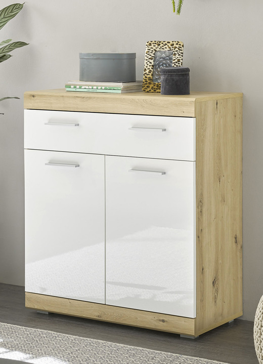 Wohnen - Kommodenserie in Hochglanz-Optik, in Farbe EICHE-WEISS, in Ausführung 2-türig, mit Schublade