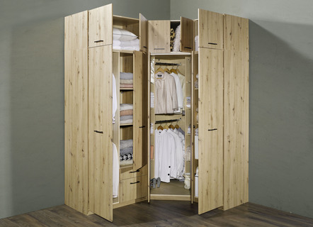 Schlafzimmerschränke - Geräumige Drehtürenschränke aus deutscher Herstellung, in Farbe ARTISAN EICHE, in Ausführung Eck-Kleiderschrank, 2-türig – Farbe ARTISAN EICHE – Ansicht 