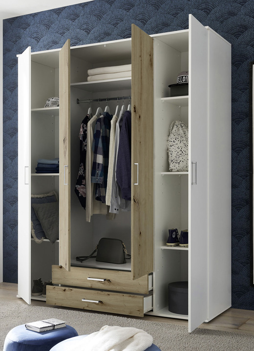Schlafzimmerschränke - Moderner Kleiderschrank auf Wunsch mit Aufbau-Service, in Farbe WEISS-EICHE, in Ausführung 3-türig Ansicht 3