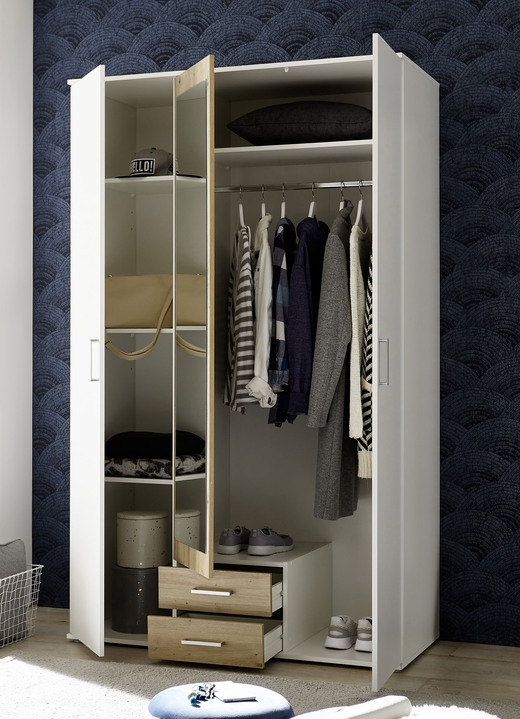 Schlafzimmerschränke - Moderner Kleiderschrank auf Wunsch mit Aufbau-Service, in Farbe WEISS-EICHE, in Ausführung 3-türig Ansicht 5
