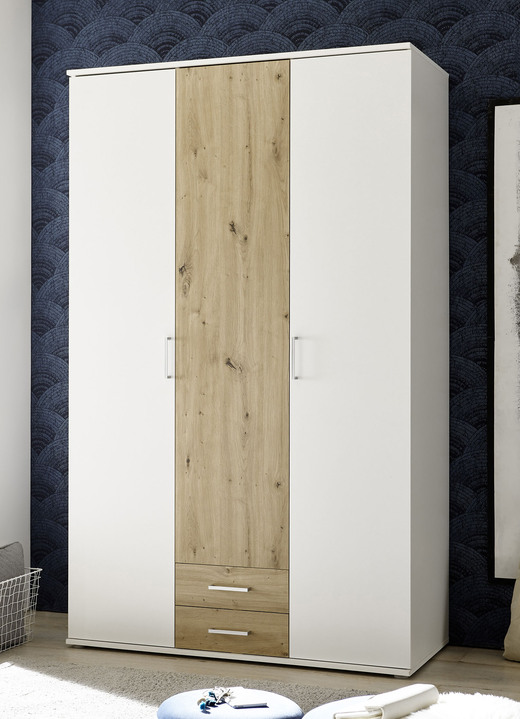 Schlafzimmerschränke - Moderner Kleiderschrank auf Wunsch mit Aufbau-Service, in Farbe WEISS-EICHE, in Ausführung 3-türig Ansicht 1