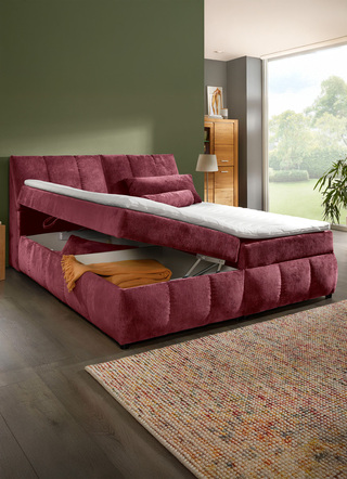 Boxspringbett mit Stauraum im Kopfteil und Bettkasten