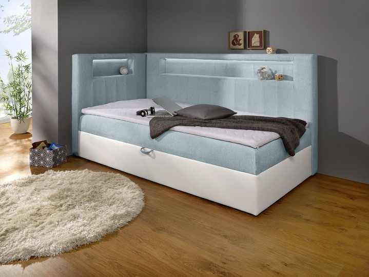 Boxspringbetten - Boxspringbett mit integrierter LED-Beleuchtung, in Farbe WEISS-HELLBLAU, in Ausführung Mit Kopfteil Ansicht 1