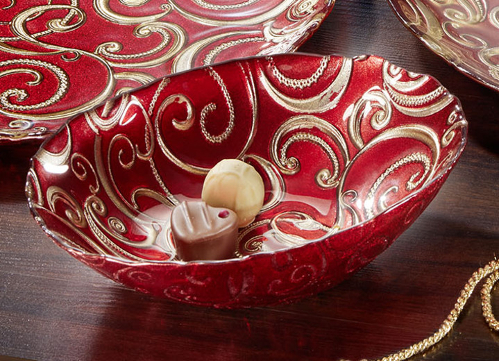 Weihnachtliche Dekorationen - Teller und Schalen aus Glas mit goldfarbenen Relief, in Farbe ROT, in Ausführung Schale Ansicht 1