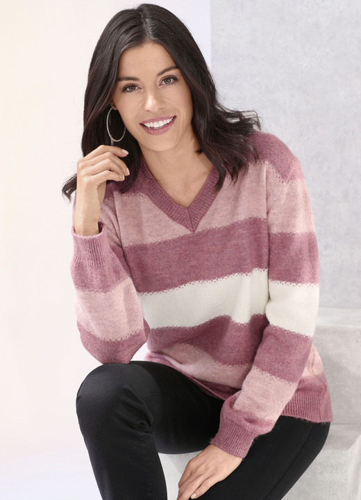 Langarm - Pullover in sehr flauschigem Material, in Größe 036 bis 052, in Farbe BLAU-HELLBLAU-ECRU Ansicht 3