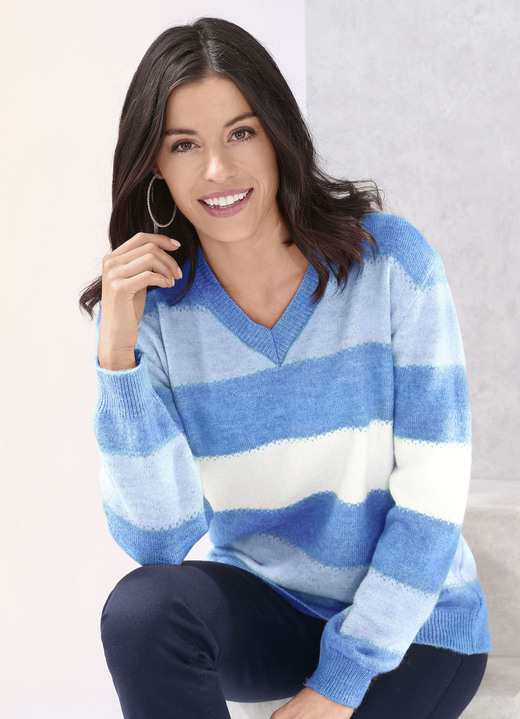 Langarm - Pullover in sehr flauschigem Material, in Größe 036 bis 052, in Farbe BLAU-HELLBLAU-ECRU Ansicht 1
