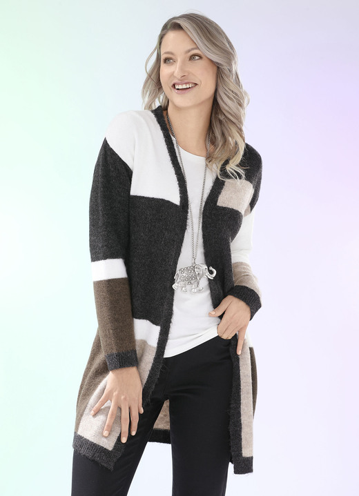 - Long-Strickjacke in flauschig weicher Qualität, in Größe L(44/46) bis XS(32/34), in Farbe ANTHRAZIT-ECRU-BRAUN Ansicht 2