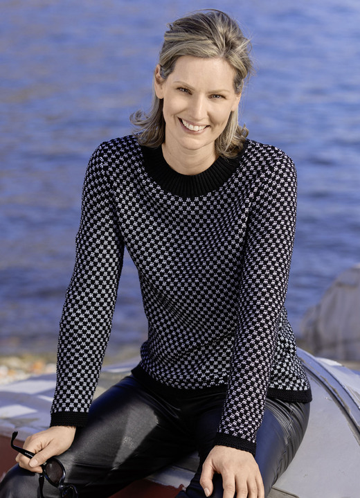 Langarm - Pullover mit dekorativem Muster, in Größe 036 bis 052, in Farbe SCHWARZ-WEISS