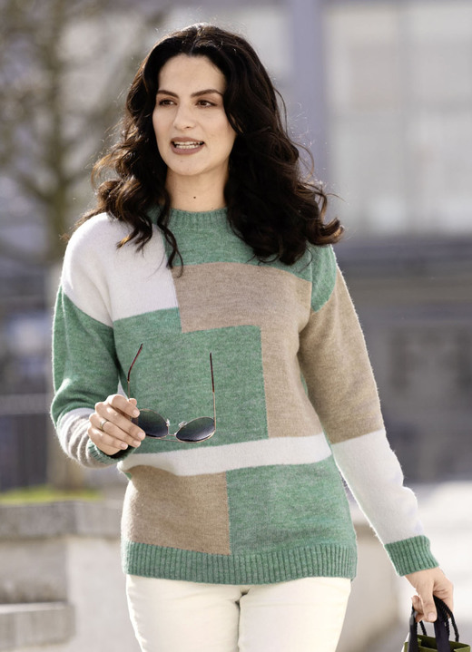 Langarm - Pullover mit weichem Griff, in Größe L(44/46) bis XL(48/50), in Farbe MINT-ECRU-TAUPE Ansicht 1