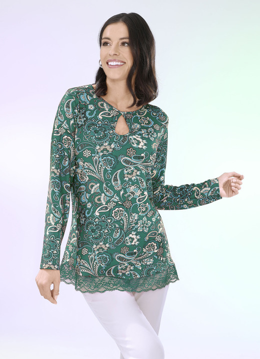 Shirts - Shirt mit interessanter Ausschnittverarbeitung in 2 Farben Ansicht 2 Shirts - Shirt mit interessanter Ausschnittverarbeitung in 2 Farben, in Größe 034 bis 052, in Farbe FUCHSIA-GRÜN Ansicht 2