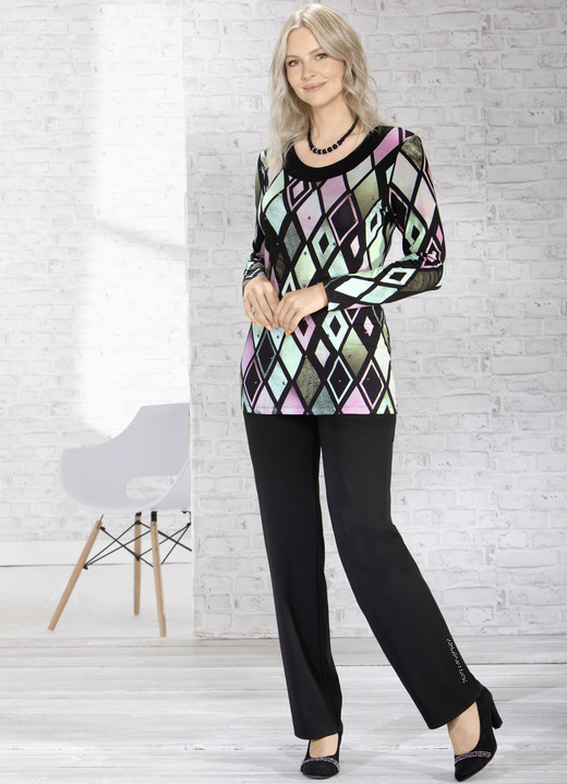 Shirts - Ausdruckvolles Longshirt mit schwarzer Blende Ansicht 2 Shirts - Ausdruckvolles Longshirt mit schwarzer Blende, in Größe 040 bis 048, in Farbe GRÜN-ROSA Ansicht 2