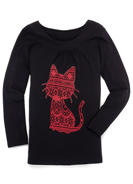 Langarm - Shirt mit Katzen-Motiv in 2 Farben, in Größe 038 bis 056, in Farbe SCHWARZ Ansicht 1