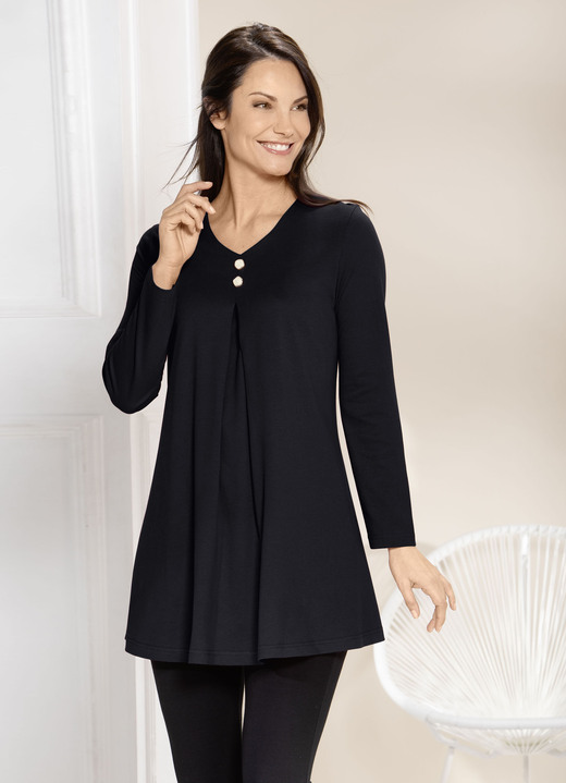Langarm - Longshirt mit Kellerfalte im Vorderteil in 2 Farben, in Größe 038 bis 056, in Farbe SCHWARZ Ansicht 1