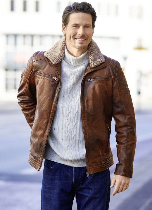 Lederjacken - Lederkurzjacke mit Webpelzbesatz Ansicht 2 Lederjacken - Lederkurzjacke mit Webpelzbesatz, in Größe 046 bis 060, in Farbe ANTIK COGNAC Ansicht 2