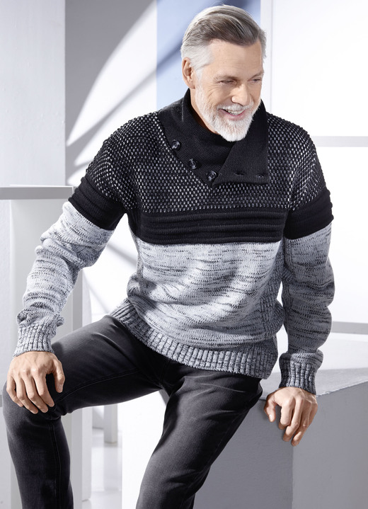 Pullover & Strickmode - Pullover mit Schalkragen, in Größe 046 bis 062, in Farbe SCHWARZ-GRAU MELIERT