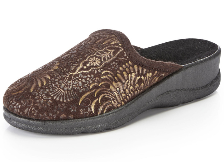 Hausschuhe - Pantoffel mit floralem Muster, in Größe 036 bis 041, in Farbe SCHWARZ Ansicht 4