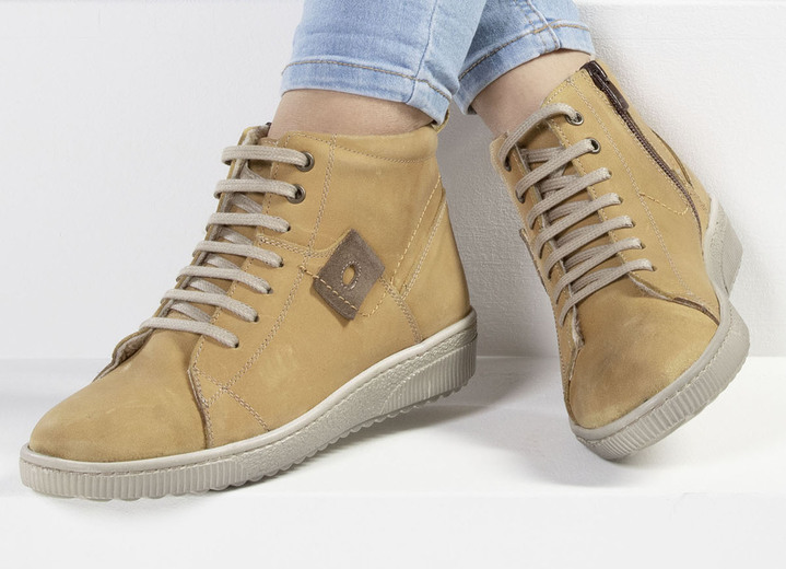 Stiefel & Stiefeletten - ELENA EDEN Schnür-Bootie aus Nubukleder, mit Leder-Applikation Ansicht 2 Stiefel & Stiefeletten - ELENA EDEN Schnür-Bootie aus Nubukleder, mit Leder-Applikation, in Größe 036 bis 042, in Farbe CURRY Ansicht 2