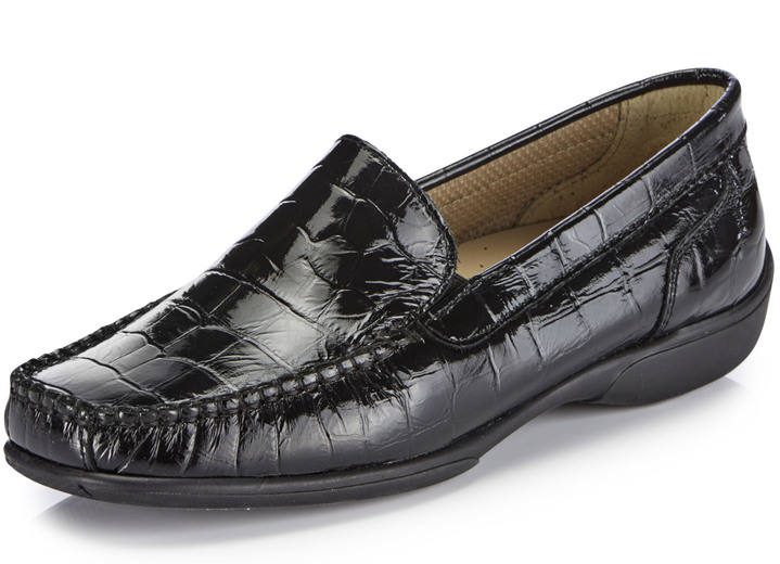 - ELENA EDEN Mokassin-Slipper aus krokogeprägtem Chevreauleder, in Größe 036 bis 042, in Farbe SCHWARZ Ansicht 1