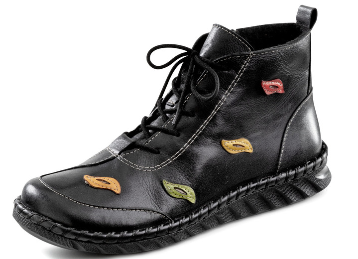Damenmode - Gemini Schnür-Bootie mit pfiffigen, bunten Lederapplikationen, in Größe 036 bis 042, in Farbe SCHWARZ-BUNT Ansicht 1