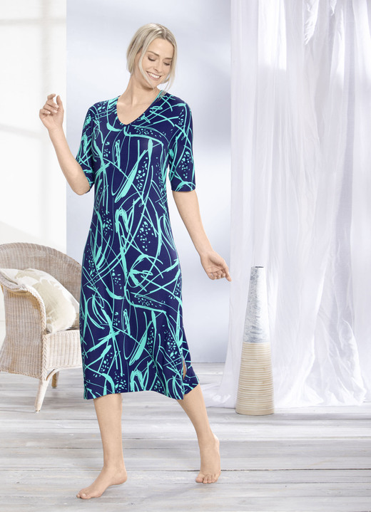 Hauskleider - Hauskleid mit V-Ausschnitt, in Größe 038 bis 062, in Farbe MARINE-MINT