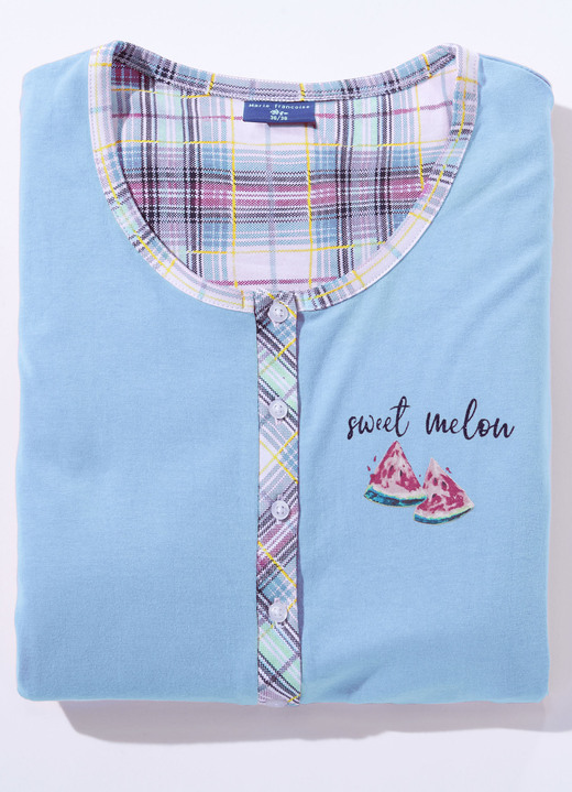 Kurzarm - Zweierpack Nachthemden aus nachhaltigem Baumwollanbau mit Knopfleiste Ansicht 5 Kurzarm - Zweierpack Nachthemden aus nachhaltigem Baumwollanbau mit Knopfleiste, in Größe 036 bis 060, in Farbe 1X MINT, 1X BLAU Ansicht 5