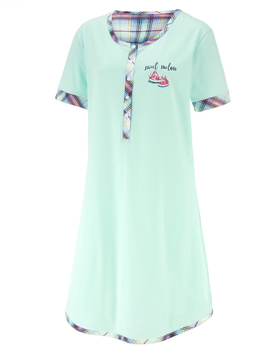 Kurzarm - Zweierpack Nachthemden aus nachhaltigem Baumwollanbau mit Knopfleiste Ansicht 2 Kurzarm - Zweierpack Nachthemden aus nachhaltigem Baumwollanbau mit Knopfleiste, in Größe 036 bis 060, in Farbe 1X MINT, 1X BLAU Ansicht 2