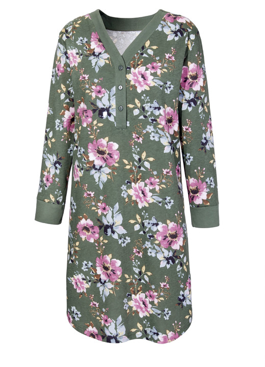 Langarm - Zweierpack Nachthemden mit Knopfleiste Ansicht 2 Langarm - Zweierpack Nachthemden mit Knopfleiste, in Größe 036 bis 054, in Farbe 1X OLIV-BEERE-BUNT, 1X OLIV Ansicht 2