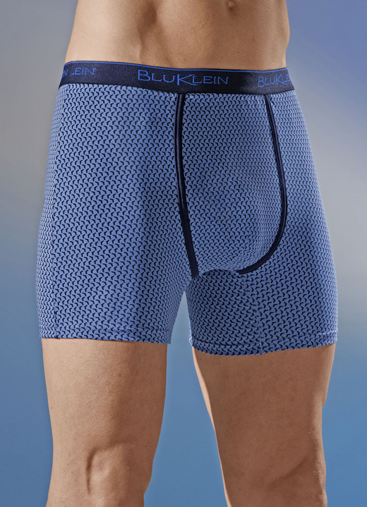 Pants & Boxershorts - Dreierpack Pants mit Elastikbund, allover dessiniert, in Größe 004 bis 010, in Farbe 2X BLAU-MARINE, 1X MARINE-BLAU