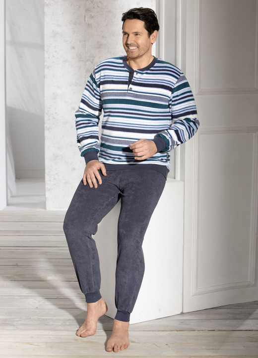 Schlafanzüge - Schlafanzug aus Frottierstretch, mit Knopfleiste und Bündchenabschlüssen, in Größe 046 bis 062, in Farbe PETROL-GRAFIT-BLEU Ansicht 3