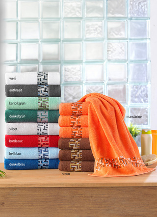 Frottier Handtücher - Frottier-Serie mit Jacquard-Bordüre, in Größe 200 (1 Handtuch, 50/100 cm) bis 205 (5-teiliges Sparset), in Farbe KARIBIKGRÜN – Farbe KARIBIKGRÜN – Ansicht 