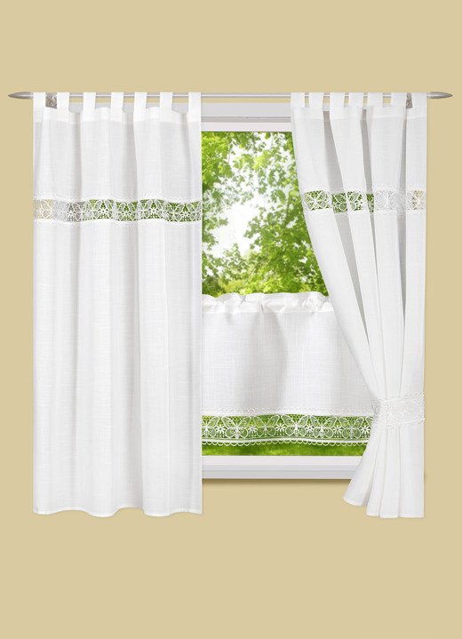 Kurzgardinen - Seitenschal mit feiner Schmetterlingsstickerei-Bordüre, in Größe 365 (H145xB135 cm) bis 456 (H245xB135 cm), in Farbe CREME, in Ausführung mit Universalschienenband Ansicht 3