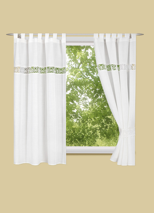 Kurzgardinen - Seitenschal mit feiner Schmetterlingsstickerei-Bordüre, in Größe 365 (H145xB135 cm) bis 456 (H245xB135 cm), in Farbe CREME, in Ausführung Mit Universalschienenband Ansicht 1