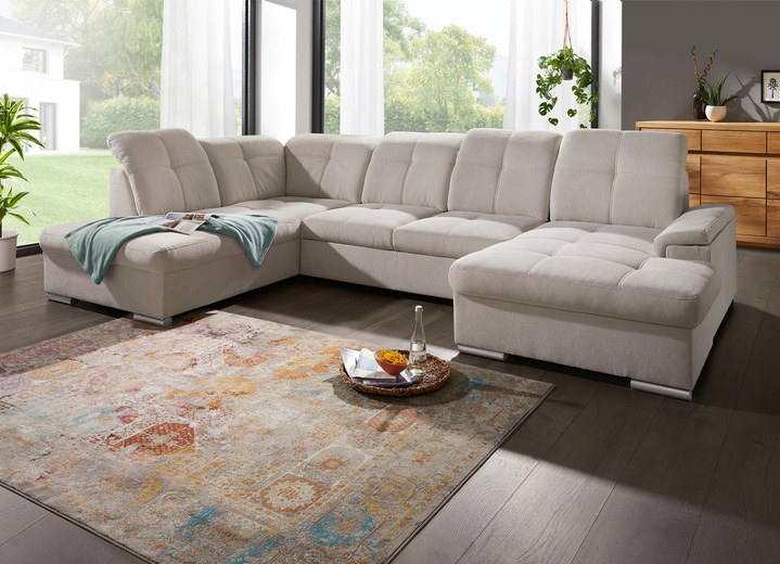 Polsterecken - Wohnlandschaft mit Bettfunktion und Bettkasten, in Farbe CREME Ansicht 1