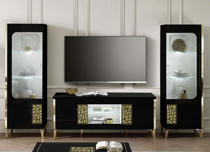 Vitrinen - Möbelprogramm mit LED-Beleuchtung, in Farbe SCHWARZ-GOLD, in Ausführung Vitrine, 1-türig, links Ansicht 2