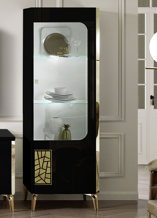 Vitrinen - Möbelprogramm mit LED-Beleuchtung, in Farbe SCHWARZ-GOLD, in Ausführung Vitrine, 1-türig, links Ansicht 3