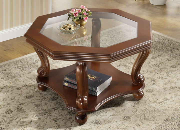 - Zeitlos eleganter, teilmassiver Couchtisch, in Farbe NUSSBAUM, in Ausführung Tischplatte mit Glaseinlage