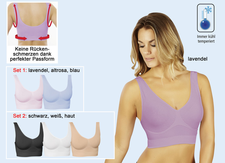 Wäsche - Wohlfühl-BH, 3er-Set Ansicht 6 Wäsche - Wohlfühl-BH, 3er-Set, in Größe 3XL (52/54) bis XXL (48/50), in Farbe ROSA-LAVENDEL-BLAU Ansicht 6