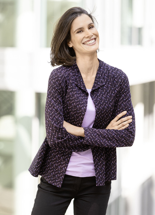 Kurz - Kurzjacke in verschlussloser Form Kurz - Kurzjacke in verschlussloser Form, in Größe 036 bis 052, in Farbe SCHWARZ-LILA-ROSÉ-BLEU