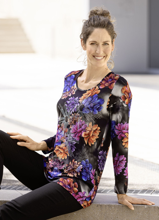 Langarm - Bezauberndes Shirt mit Rundhalsausschnitt Ansicht 2 Langarm - Bezauberndes Shirt mit Rundhalsausschnitt, in Größe 038 bis 054, in Farbe BLAU-ORANGE Ansicht 2