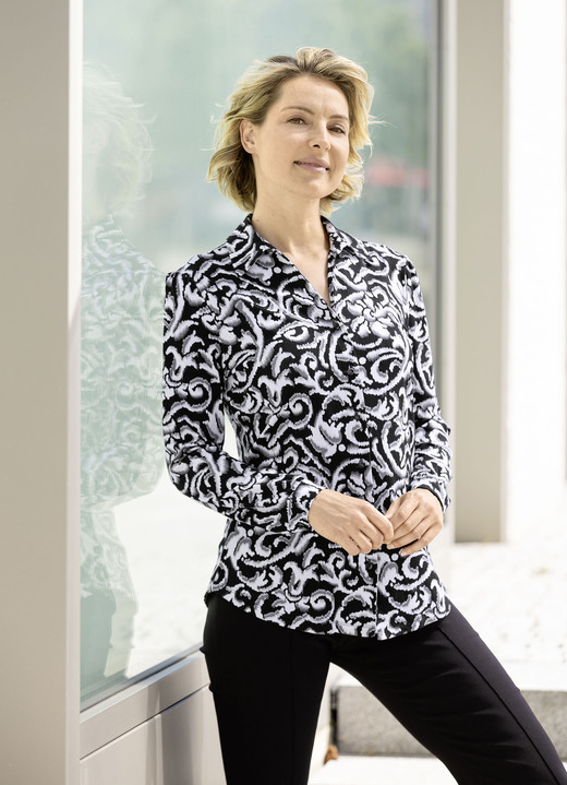- Shirtbluse mit durchgehender Knopfleiste in 2 Farben, in Größe 036 bis 050, in Farbe SCHWARZ-GRAU