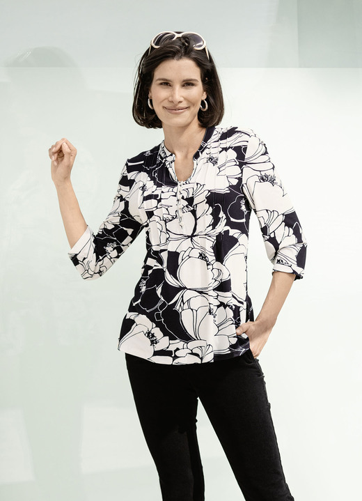 Blusen & Tuniken - Shirt-Tunika mit Schlingenknopfleiste, in Größe 036 bis 054, in Farbe SCHWARZ-WEISS Ansicht 1