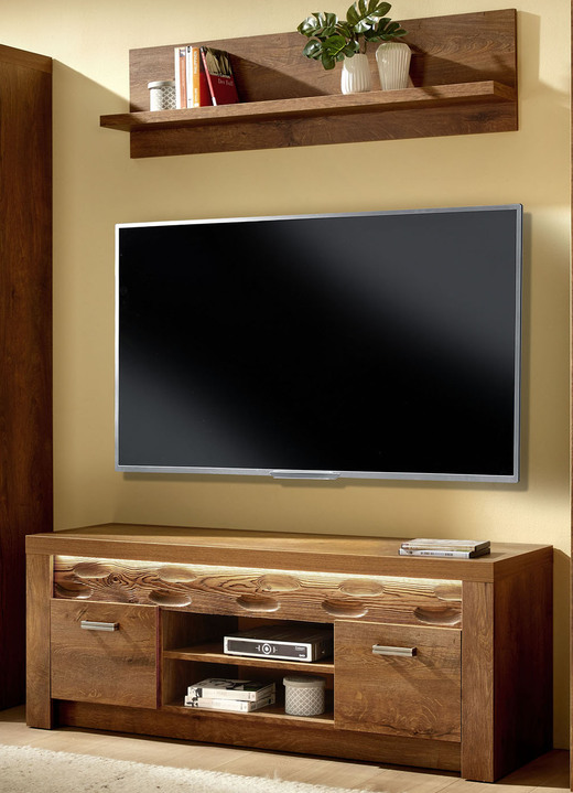 Vitrinen - Wohnzimmermöbelprogramm mit LED-Beleuchtung, in Farbe ESCHE HELL, in Ausführung Set: TV-Longboard + Wandboard Ansicht 1
