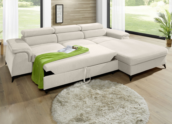 Polsterecken - Polsterecke mit Bettfunktion und verstellbaren Kopfstützen, in Farbe CREME, in Ausführung Mit Longchair und 3 Kopfstützen Ansicht 2