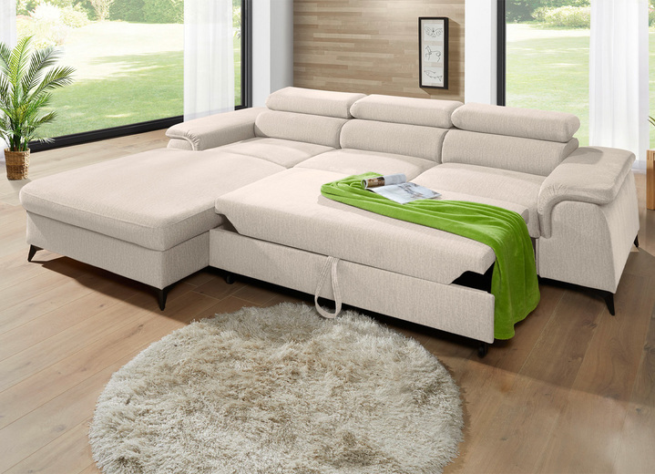 Polsterecken - Polsterecke mit Bettfunktion und verstellbaren Kopfstützen, in Farbe CREME, in Ausführung Mit Longchair und 3 Kopfstützen Ansicht 32