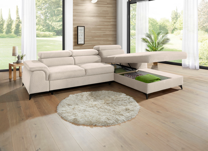 Polsterecken - Polsterecke mit Bettfunktion und verstellbaren Kopfstützen, in Farbe CREME, in Ausführung Mit Longchair und 3 Kopfstützen Ansicht 3
