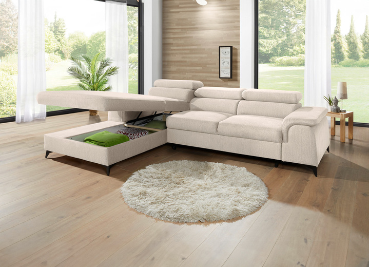 Polsterecken - Polsterecke mit Bettfunktion und verstellbaren Kopfstützen, in Farbe CREME, in Ausführung Mit Longchair und 3 Kopfstützen Ansicht 33