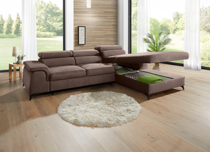 Polsterecken - Polsterecke mit Bettfunktion und verstellbaren Kopfstützen, in Farbe CREME, in Ausführung Mit Longchair und 3 Kopfstützen Ansicht 27