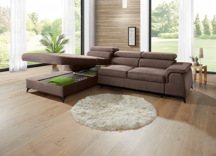 Polsterecken - Polsterecke mit Bettfunktion und verstellbaren Kopfstützen, in Farbe CREME, in Ausführung Mit Longchair und 3 Kopfstützen Ansicht 36