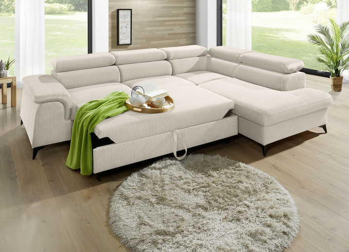 Polsterecken - Polsterecke mit Bettfunktion und verstellbaren Kopfstützen, in Farbe CREME, in Ausführung Mit Longchair und 3 Kopfstützen Ansicht 11