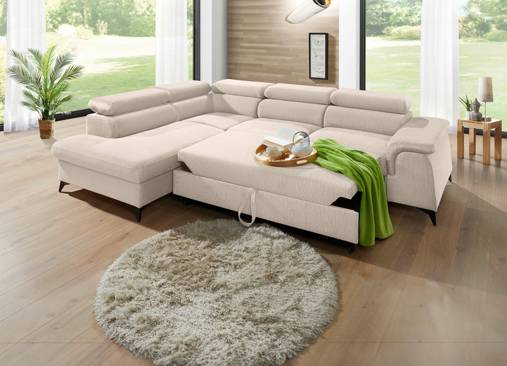 Polsterecken - Polsterecke mit Bettfunktion und verstellbaren Kopfstützen, in Farbe CREME, in Ausführung Mit Longchair und 3 Kopfstützen Ansicht 20